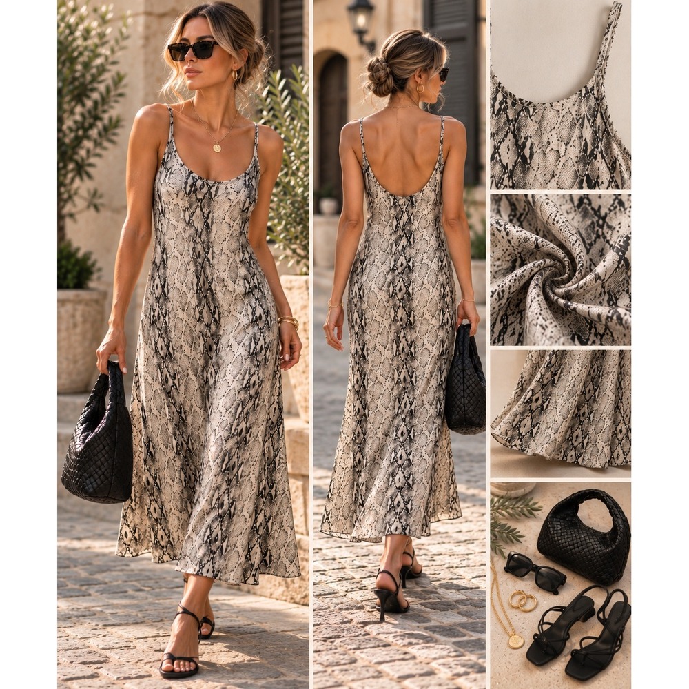 Snake Print Slip Dress Womens Italian Silk Viscose Ankle Length Y2K 90s
